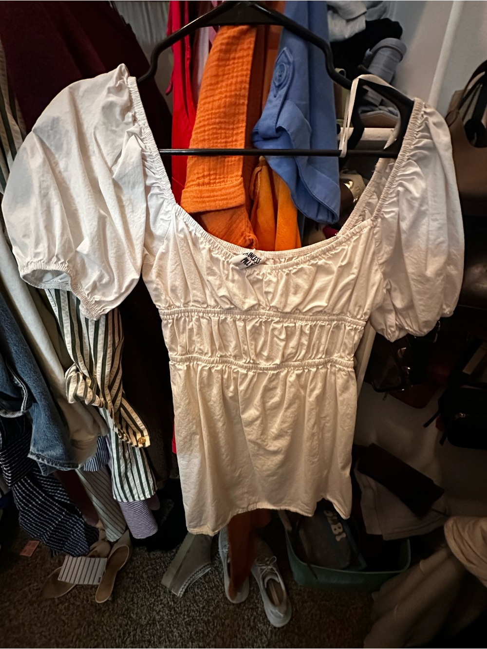 White Puff-Sleeve Smocked Women's Top